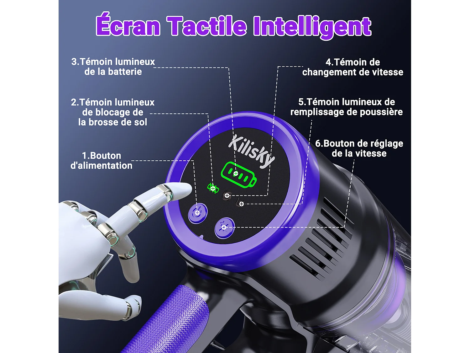 Aspirateur Balai Sans Fil - KILISKY - 700W - Écran Tactile - 65 min Autonomie - Filtre HEPA