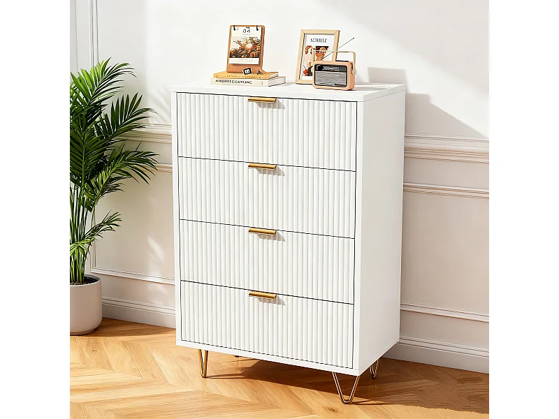 Commode 4 tiroirs - Meuble de Rangement avec Pieds et Poignées en Métal Doré - Moderne - pour couloir - cuisine - Blanc