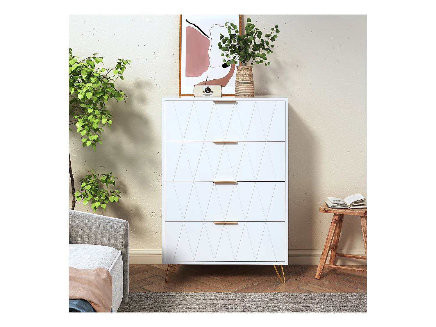 Commode à 4 tiroirs, Meuble de Rangement avec Pieds et Poignées en Métal Doré, Moderne, pour couloir, cuisine, Blanc