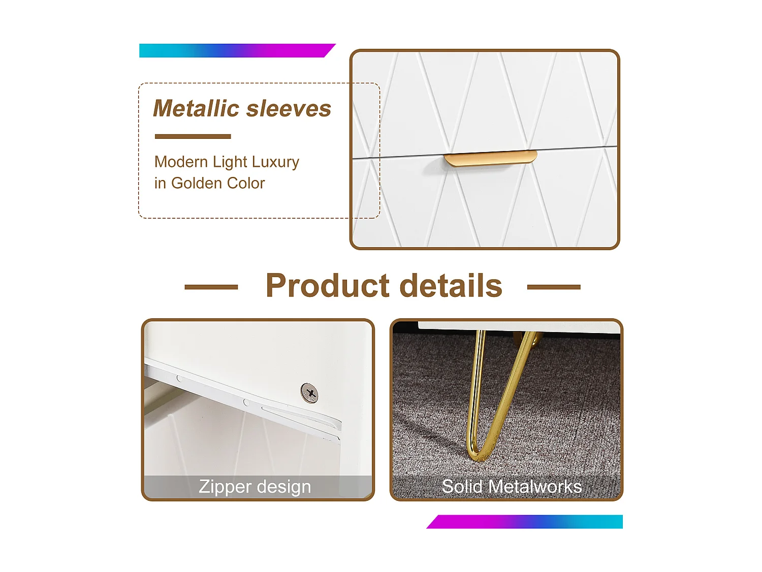 Commode à 4 tiroirs, Meuble de Rangement avec Pieds et Poignées en Métal Doré, Moderne, pour couloir, cuisine, Blanc