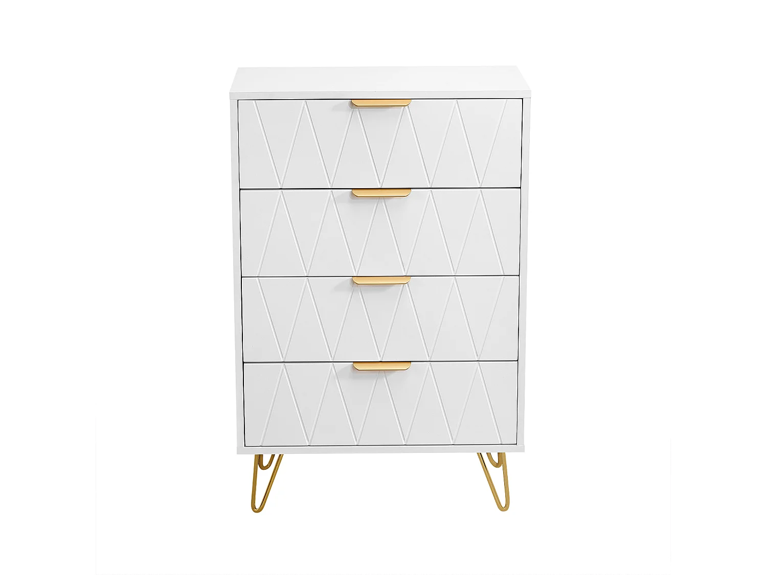 Commode à 4 tiroirs, Meuble de Rangement avec Pieds et Poignées en Métal Doré, Moderne, pour couloir, cuisine, Blanc