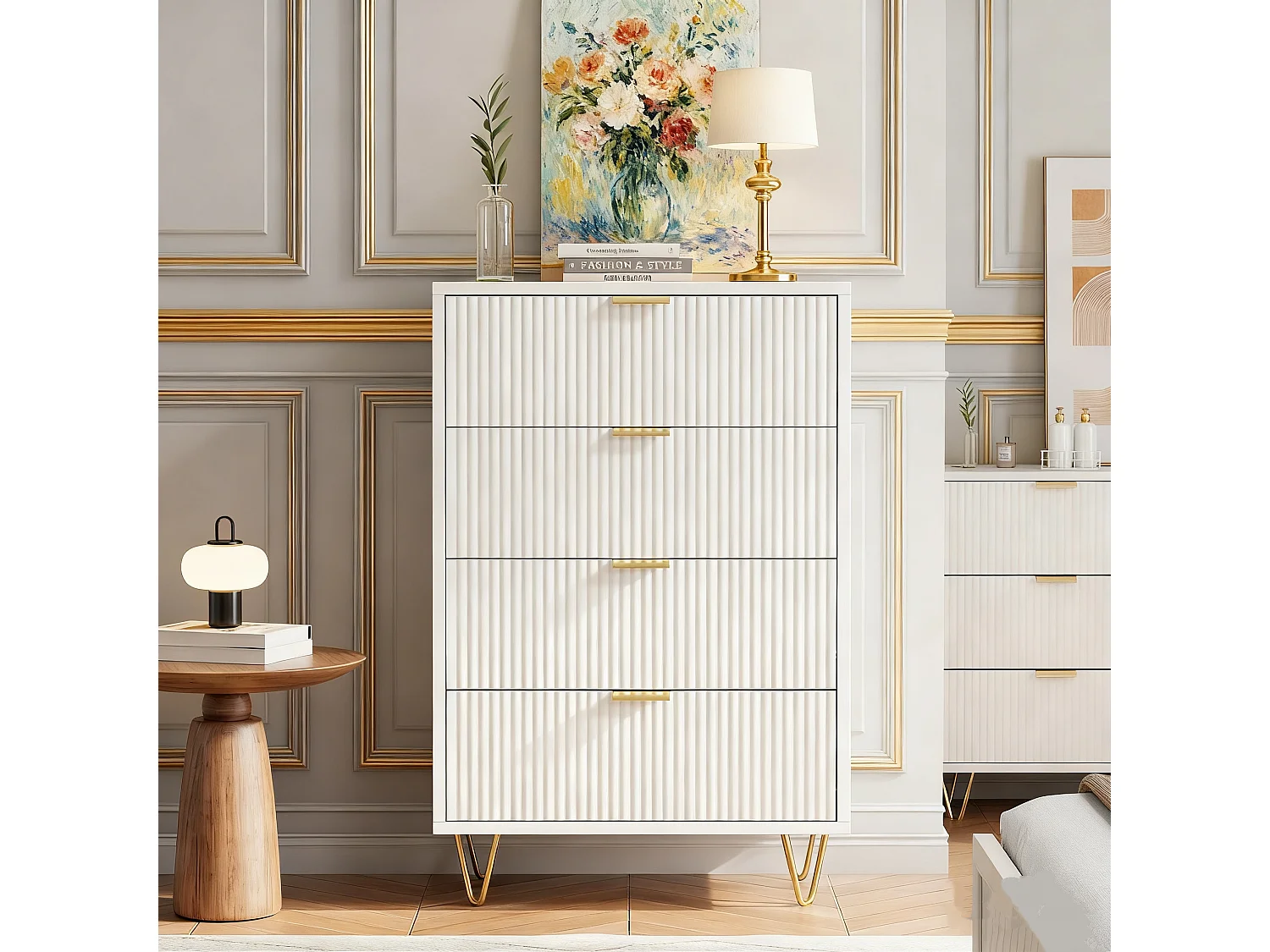 Commode 4 tiroirs - Meuble de Rangement avec Pieds et Poignées en Métal Doré - Moderne - pour couloir - cuisine - Blanc