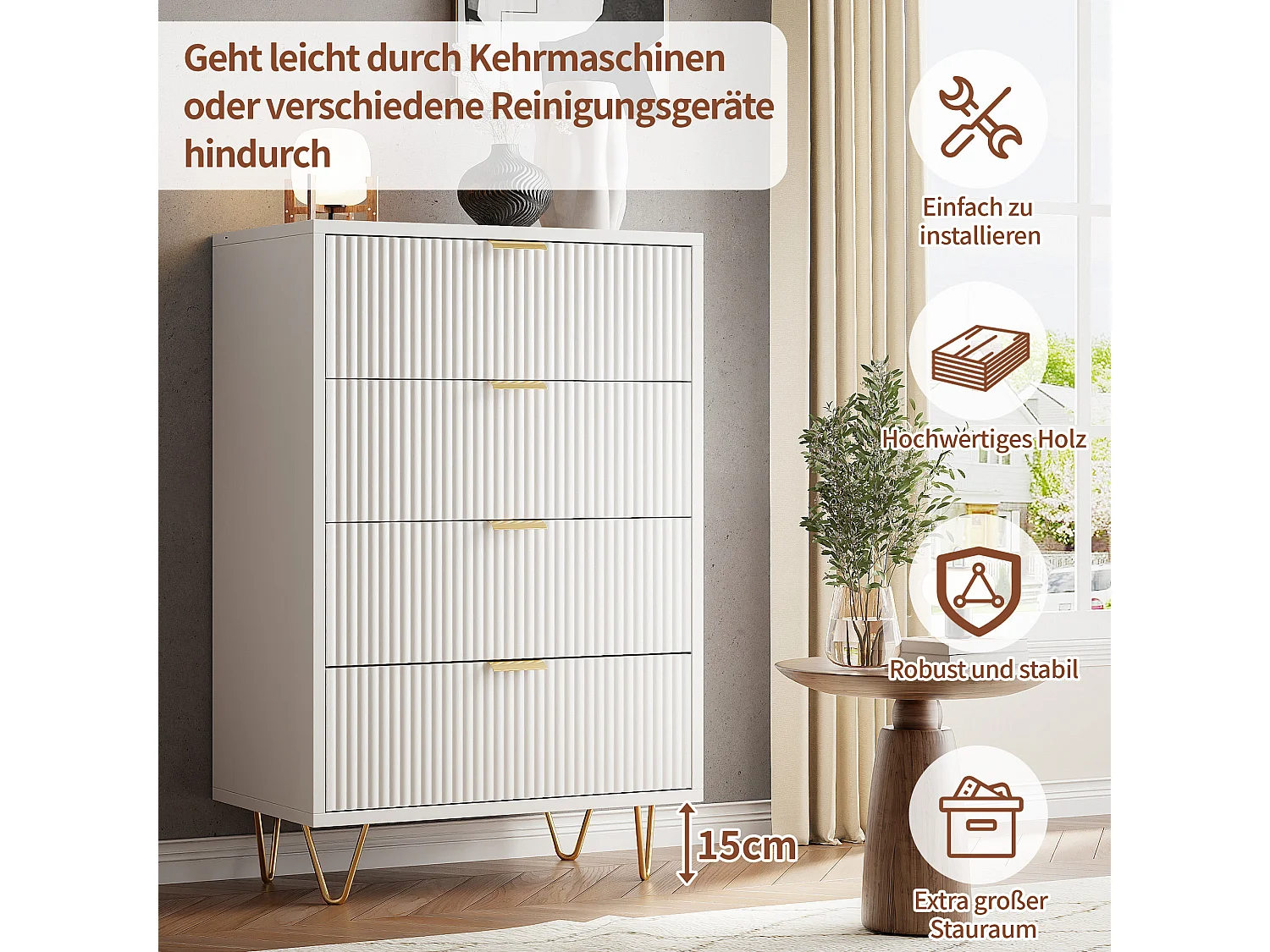 Commode 4 tiroirs - Meuble de Rangement avec Pieds et Poignées en Métal Doré - Moderne - pour couloir - cuisine - Blanc