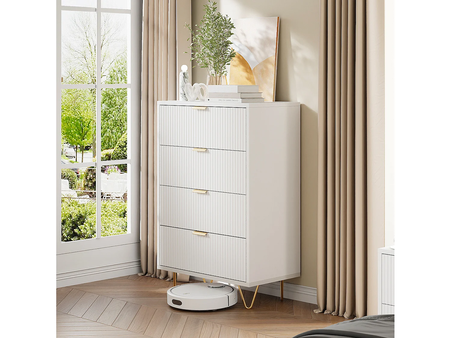 Commode 4 tiroirs - Meuble de Rangement avec Pieds et Poignées en Métal Doré - Moderne - pour couloir - cuisine - Blanc