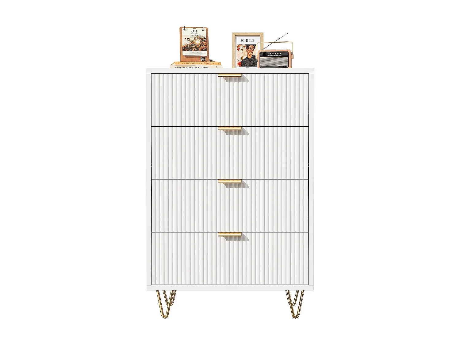 Commode 4 tiroirs - Meuble de Rangement avec Pieds et Poignées en Métal Doré - Moderne - pour couloir - cuisine - Blanc