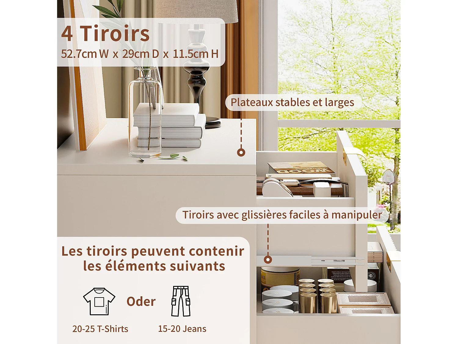 Commode 4 tiroirs - Meuble de Rangement avec Pieds et Poignées en Métal Doré - Moderne - pour couloir - cuisine - Blanc