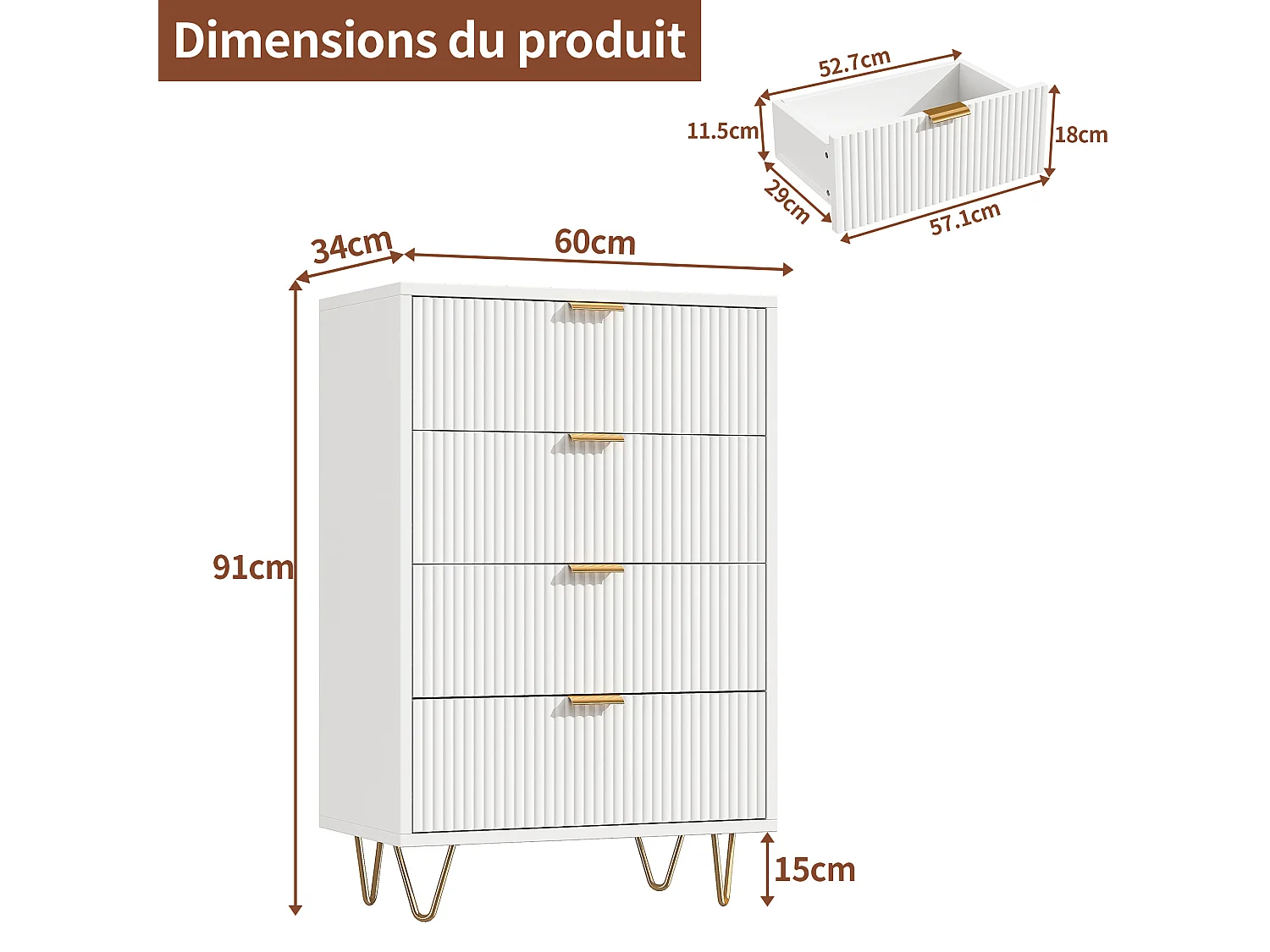 Commode 4 tiroirs - Meuble de Rangement avec Pieds et Poignées en Métal Doré - Moderne - pour couloir - cuisine - Blanc