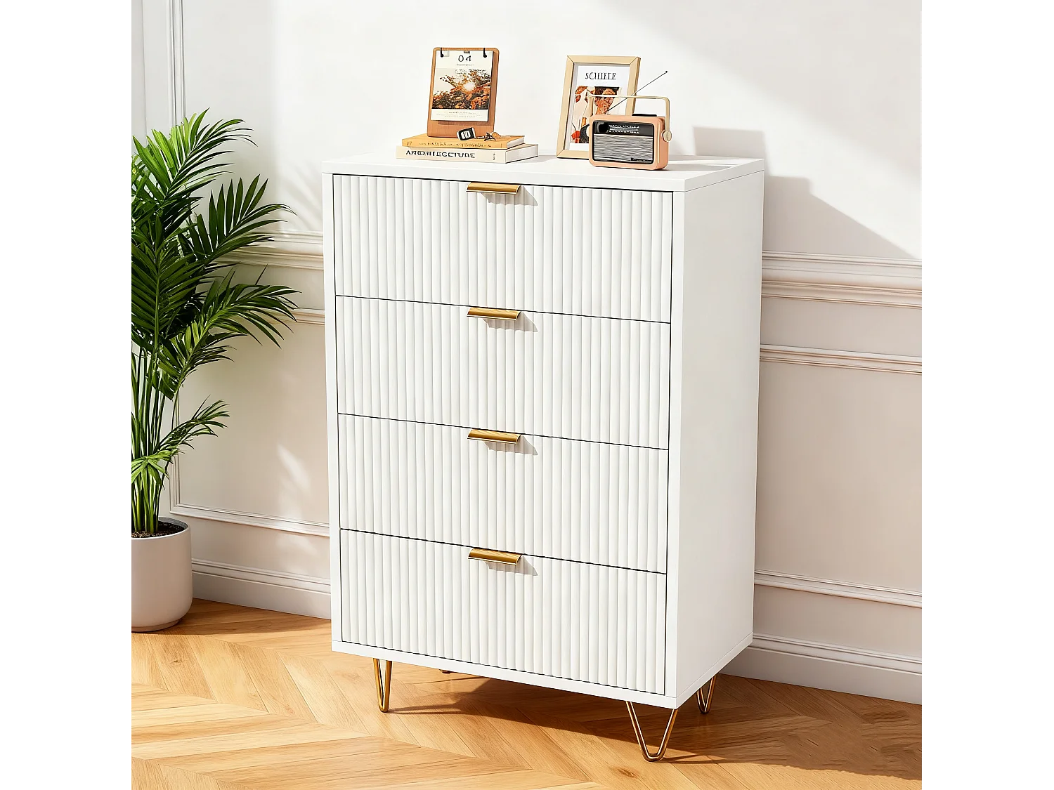 Commode 4 tiroirs - Meuble de Rangement avec Pieds et Poignées en Métal Doré - Moderne - pour couloir - cuisine - Blanc