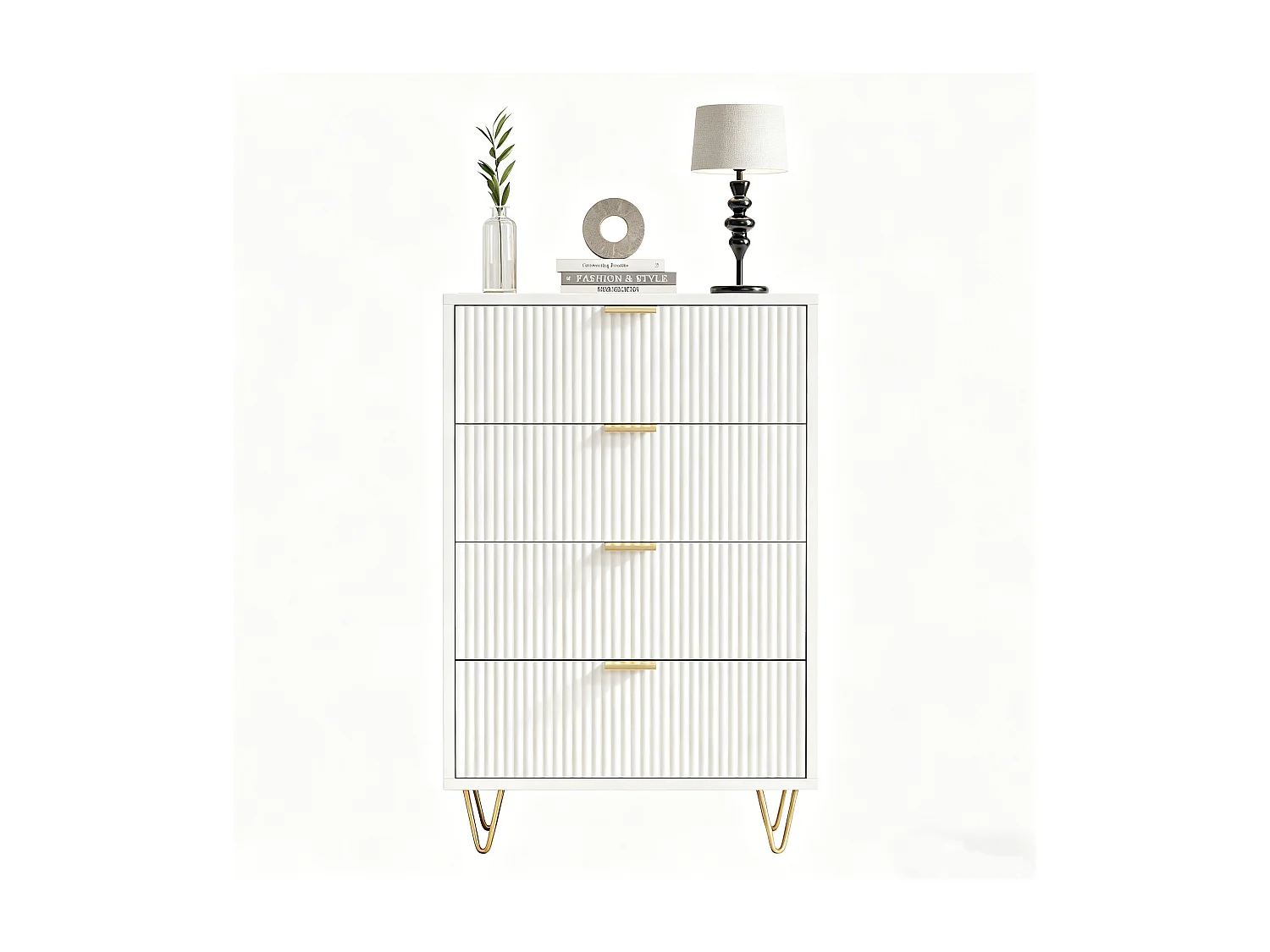 Commode 4 tiroirs - Meuble de Rangement avec Pieds et Poignées en Métal Doré - Moderne - pour couloir - cuisine - Blanc