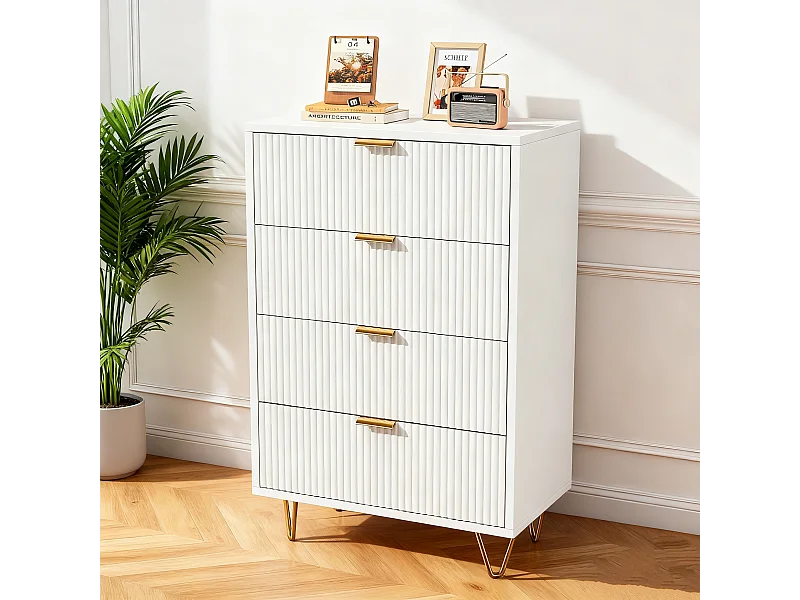 Commode 4 tiroirs - Meuble de Rangement avec Pieds et Poignées en Métal Doré - Moderne - pour couloir - cuisine - Blanc