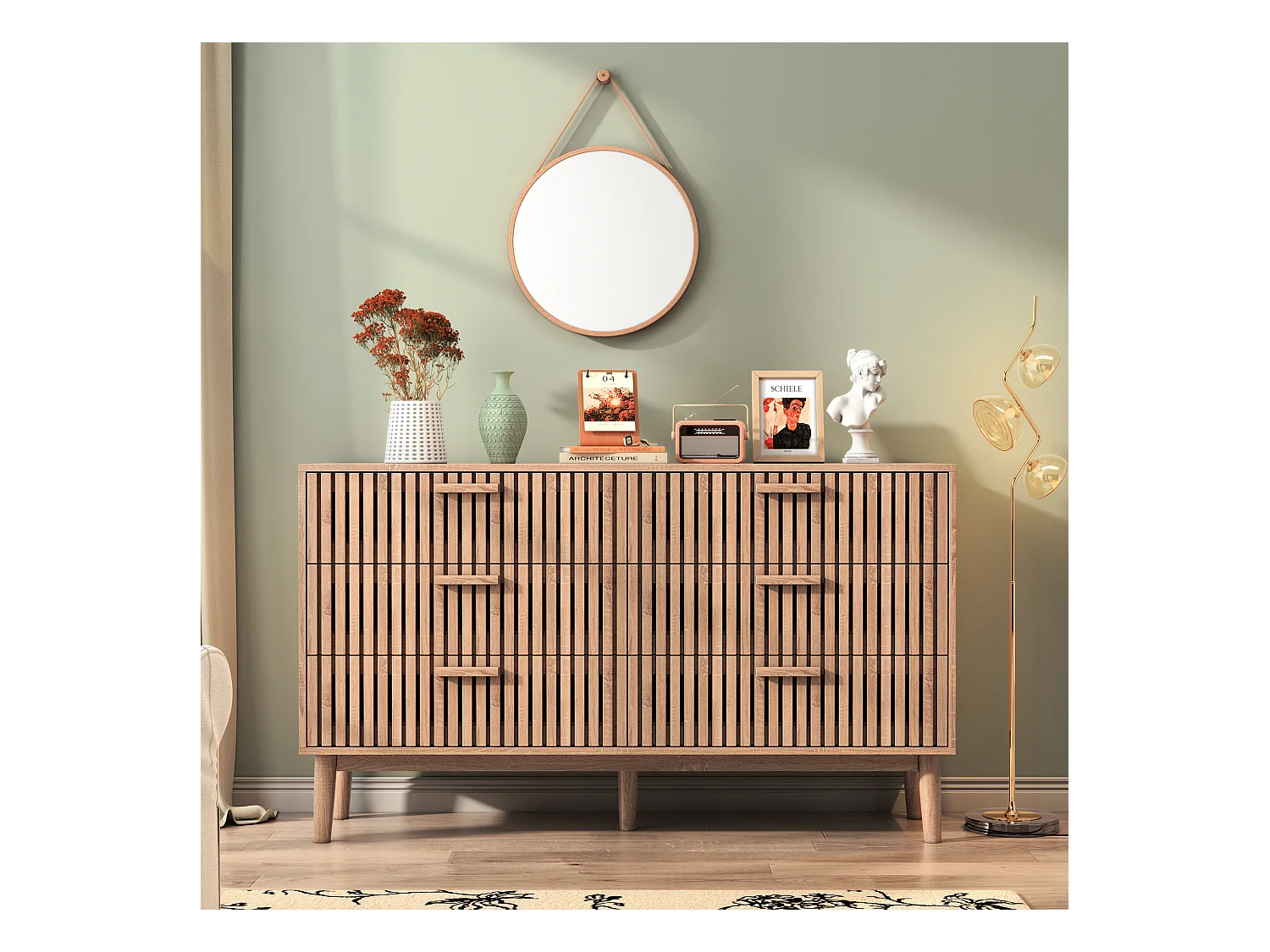 Commode Chambre, Commode en Bois et Rotin 6 Tiroirs, Meuble de Rangement Multifonction, Natural Wood Cabinet with Drawers