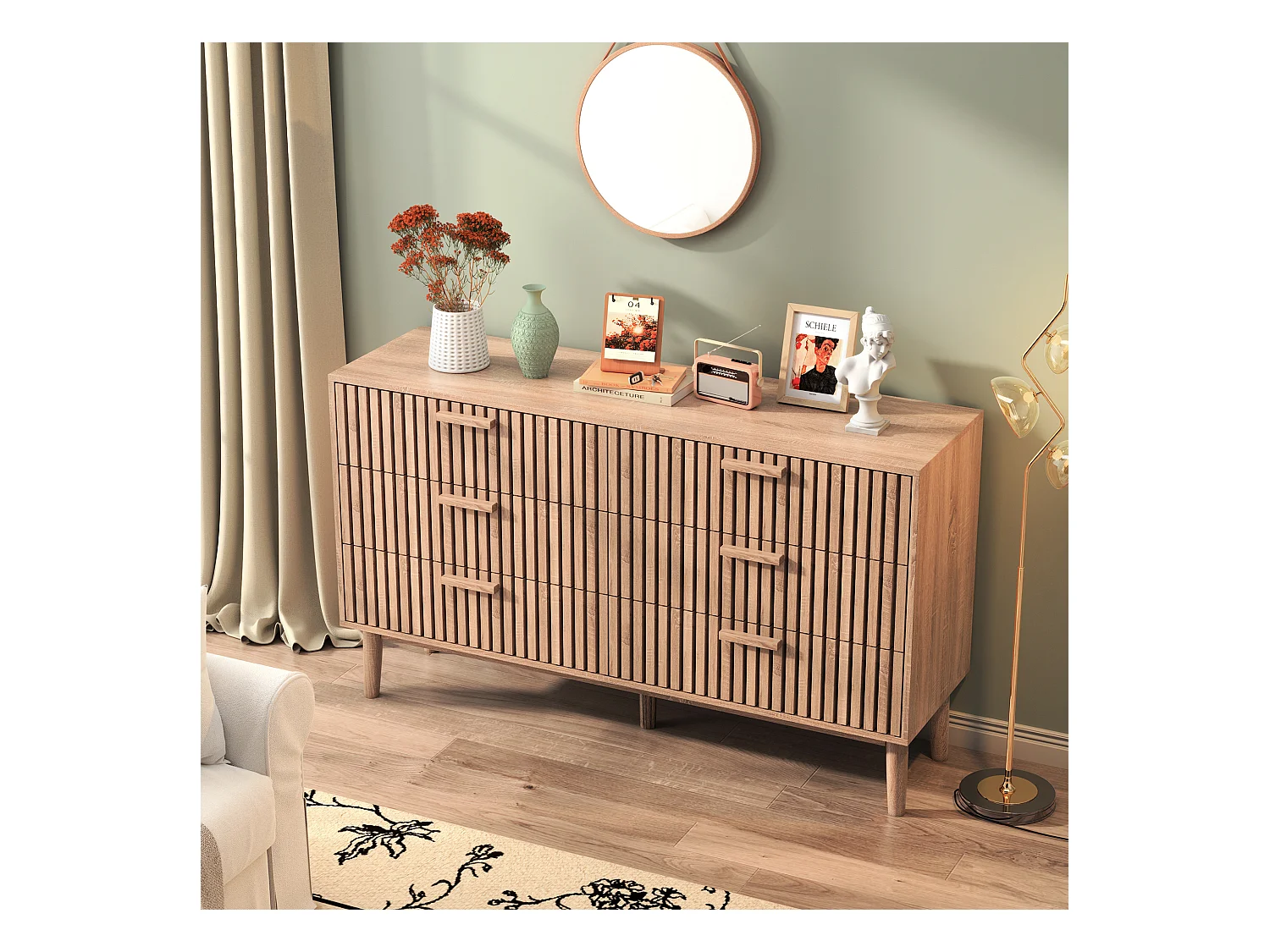 Commode Chambre, Commode en Bois et Rotin 6 Tiroirs, Meuble de Rangement Multifonction, Natural Wood Cabinet with Drawers