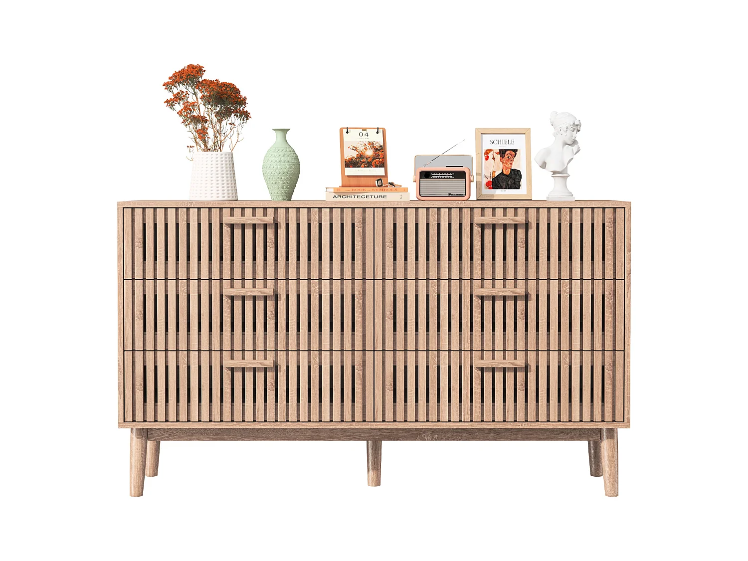 Commode Chambre, Commode en Bois et Rotin 6 Tiroirs, Meuble de Rangement Multifonction, Natural Wood Cabinet with Drawers