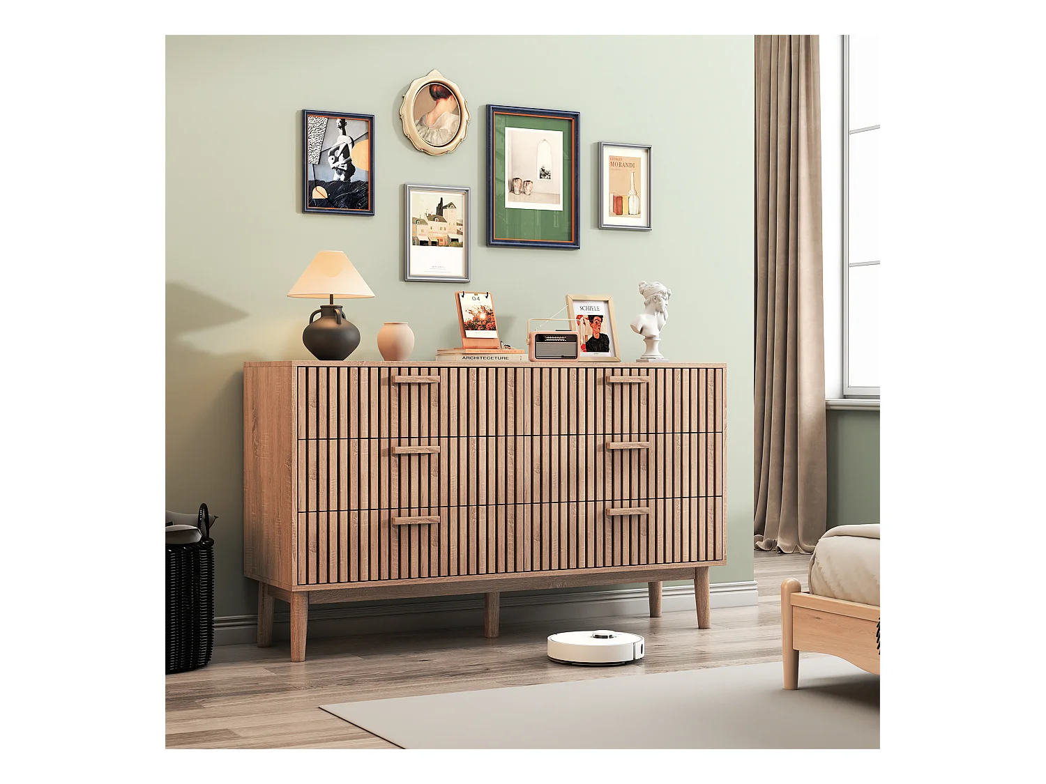 Commode Chambre, Commode en Bois et Rotin 6 Tiroirs, Meuble de Rangement Multifonction, Natural Wood Cabinet with Drawers