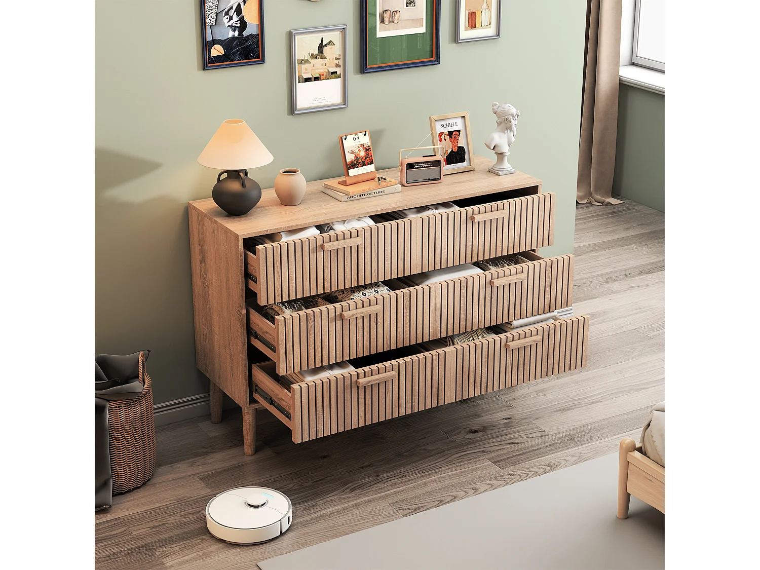 Commode Chambre, Commode en Bois et Rotin 6 Tiroirs, Meuble de Rangement Multifonction, Natural Wood Cabinet with Drawers
