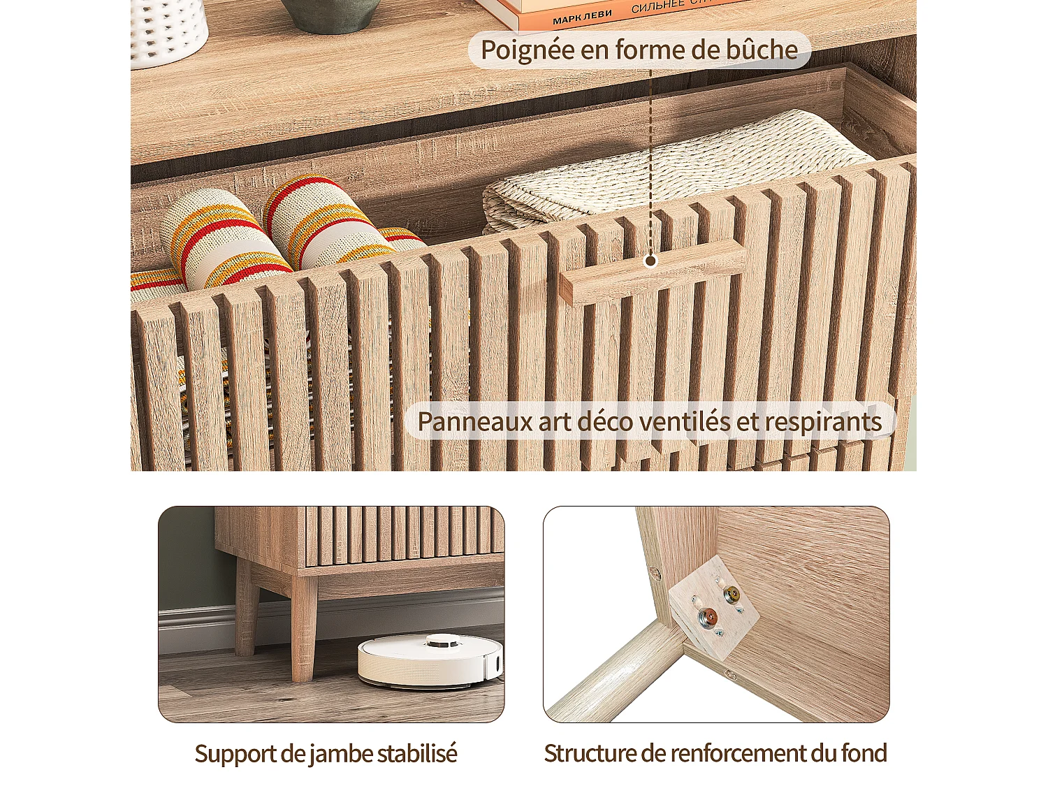 Commode Chambre, Commode en Bois et Rotin 6 Tiroirs, Meuble de Rangement Multifonction, Natural Wood Cabinet with Drawers