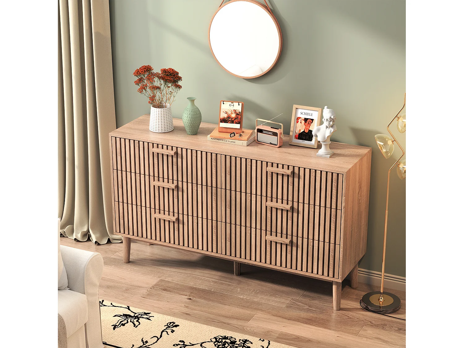Commode Chambre, Commode en Bois et Rotin 6 Tiroirs, Meuble de Rangement Multifonction, Natural Wood Cabinet with Drawers