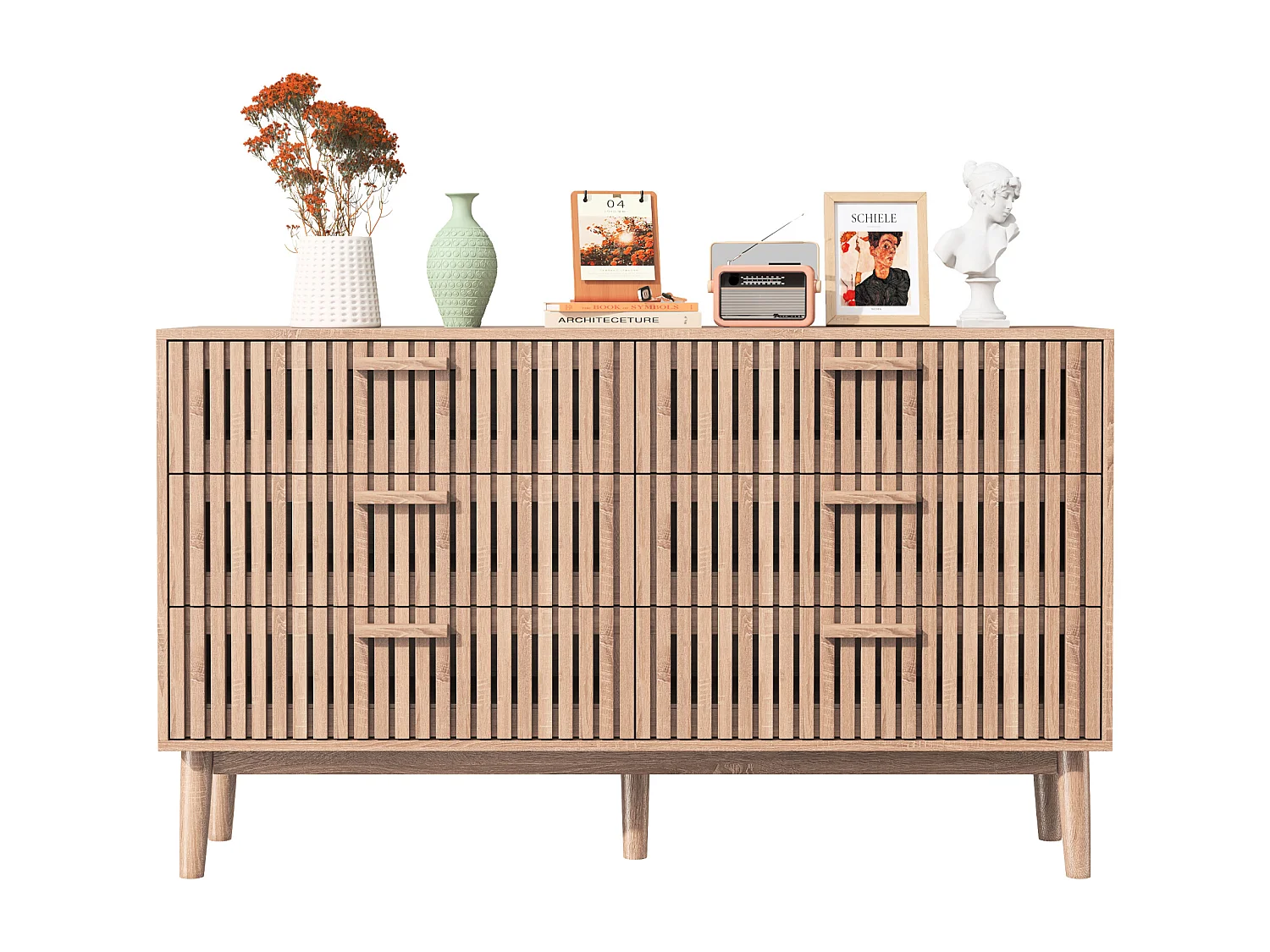 Commode Chambre, Commode en Bois et Rotin 6 Tiroirs, Meuble de Rangement Multifonction, Natural Wood Cabinet with Drawers