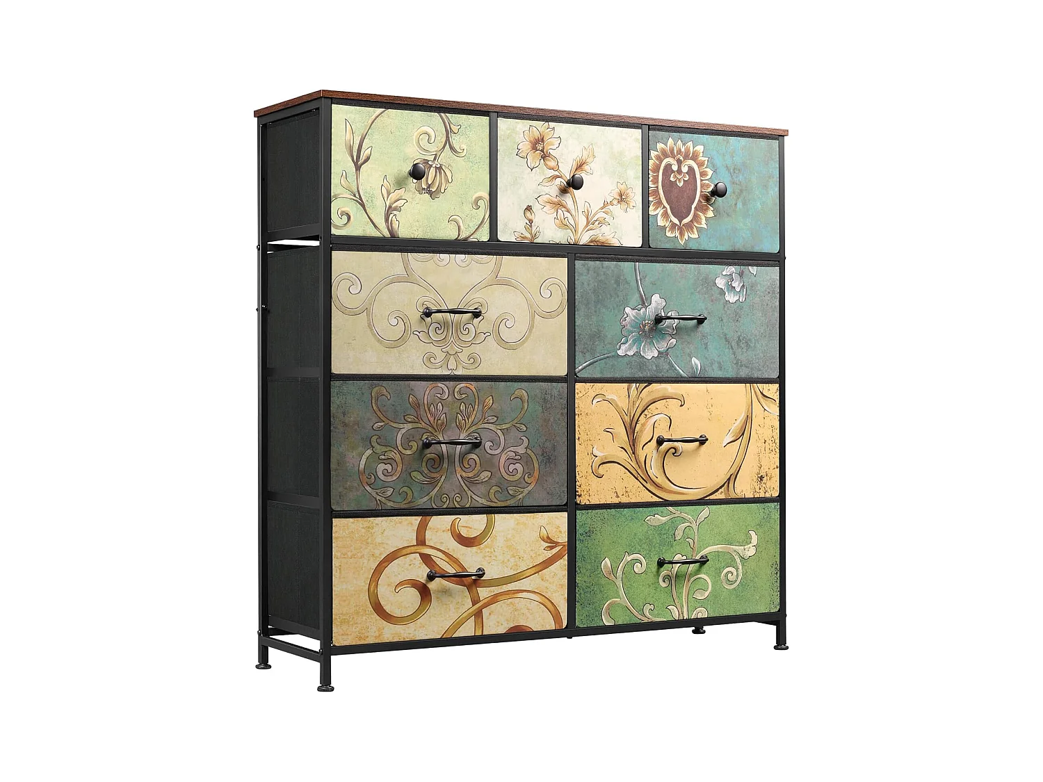 Commode 9 Tiroirs en Tissu - Commode de Chambre - Meuble de Rangement avec Structure en Métal - Meuble Salon Rangement -Multicolore