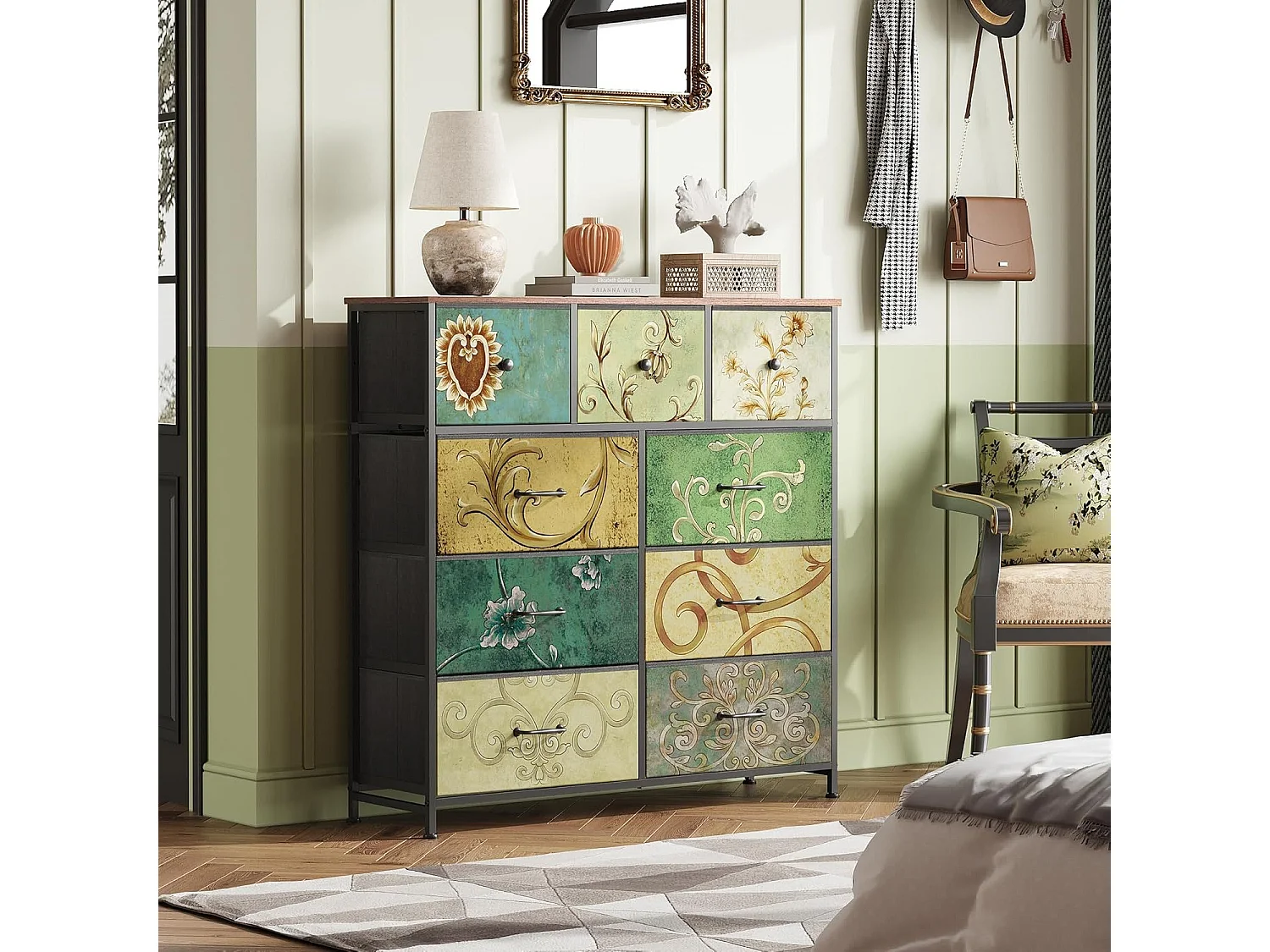 Commode 9 Tiroirs en Tissu - Commode de Chambre - Meuble de Rangement avec Structure en Métal - Meuble Salon Rangement -Multicolore