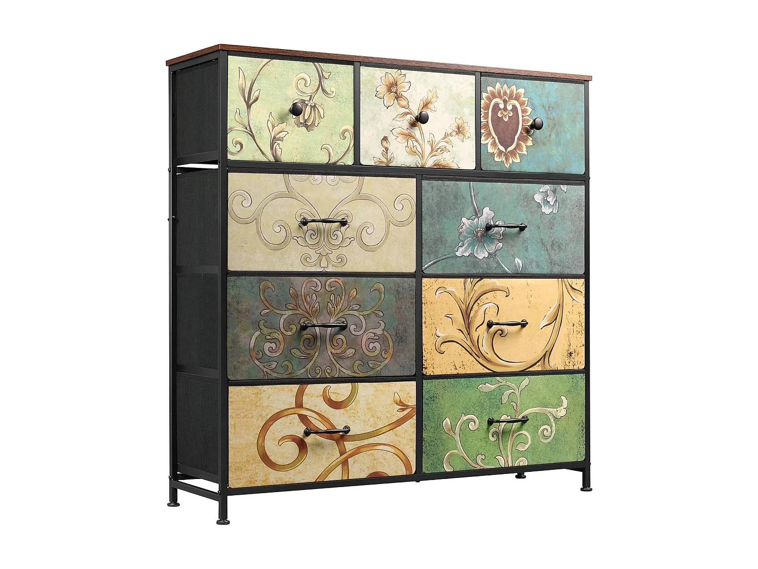 Cómoda de tela con 9 cajones - Cómoda para dormitorio - Mueble de almacenaje con estructura metálica - Mueble de almacenaje para salón - Multicolor