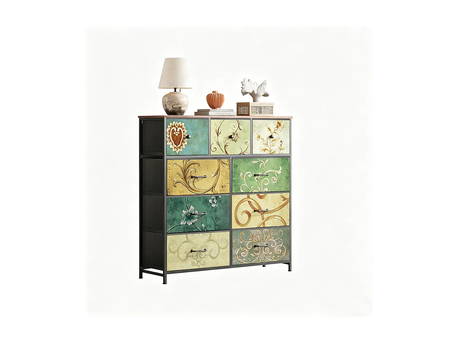 Commode 9 Tiroirs en Tissu - Commode de Chambre - Meuble de Rangement avec Structure en Métal - Meuble Salon Rangement -Multicolore
