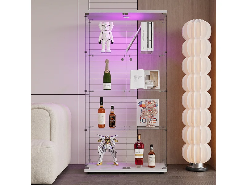 Vitrine en Verre, Vitrine Armoire pour Collection avec Portes, Éclairage LED, 2 portes 4 étages, 80.5×36.5×164cm, Blanc