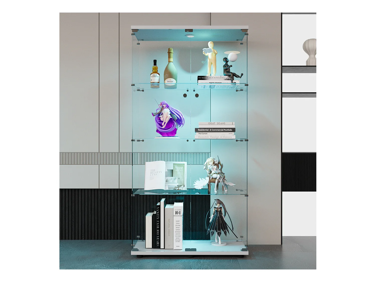 Vitrine en Verre, Vitrine Armoire pour Collection avec Portes, Éclairage LED, 2 portes 4 étages, 80.5×36.5×164cm, Blanc