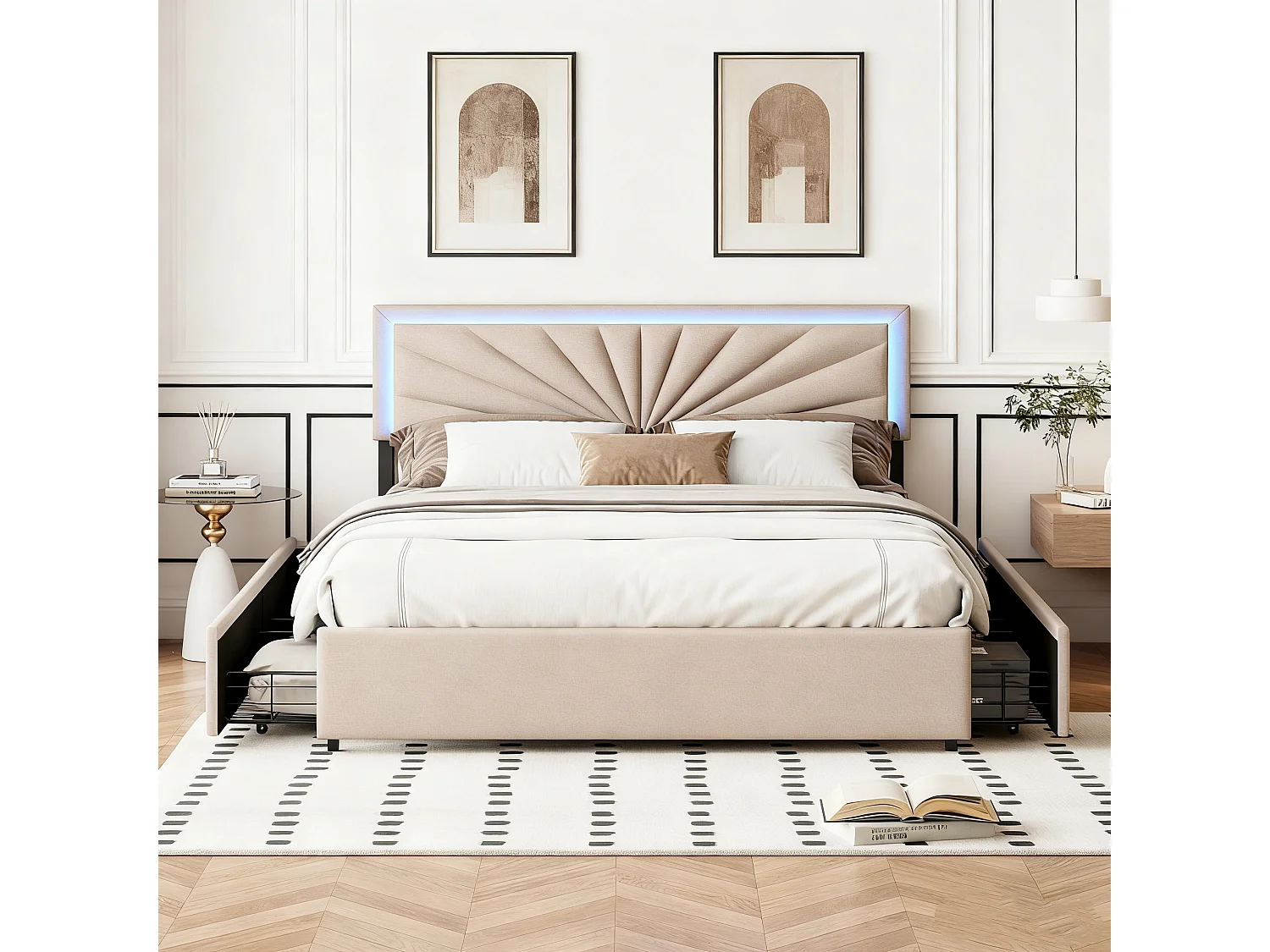 Lit capitonné 140 x 200 cm - avec LED et 4 Tiroirs - Lit double é avec Tête de Lit Réglable en Hauteur - avec Sommier à Lattes - Lin - beige