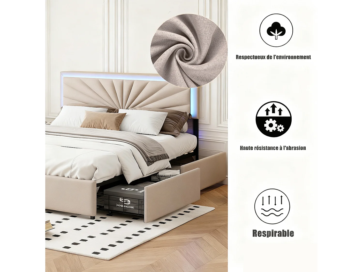 Lit capitonné 140 x 200 cm - avec LED et 4 Tiroirs - Lit double é avec Tête de Lit Réglable en Hauteur - avec Sommier à Lattes - Lin - beige