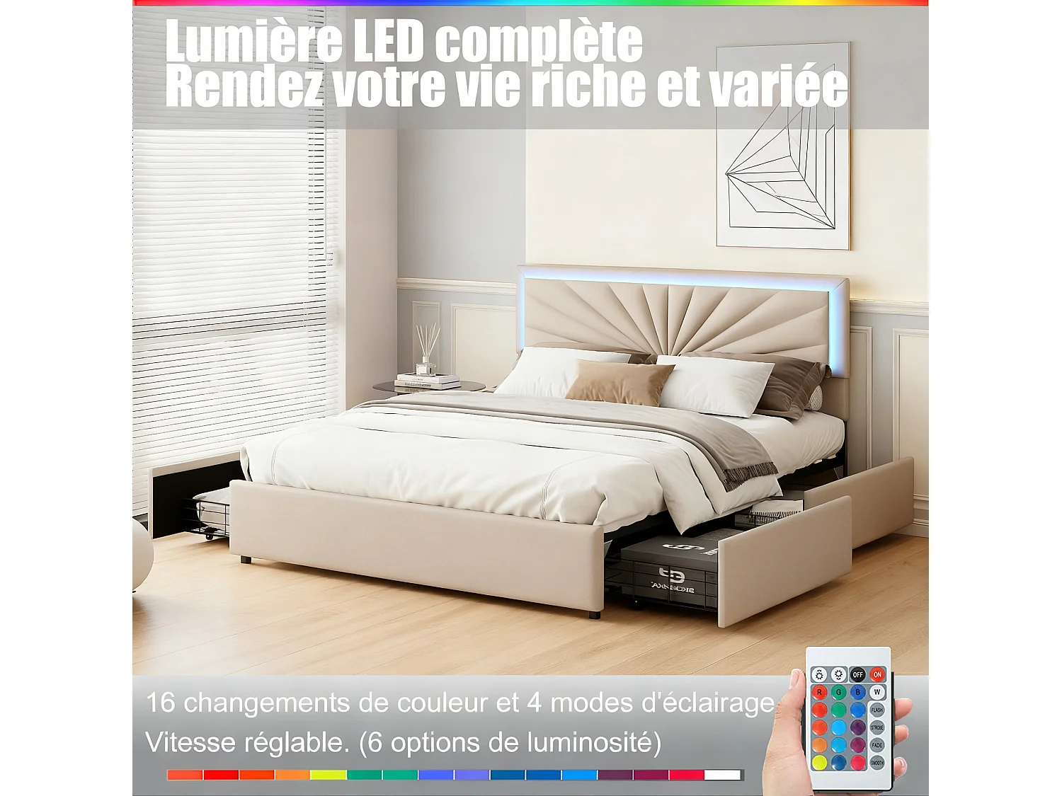 Lit capitonné 140 x 200 cm - avec LED et 4 Tiroirs - Lit double é avec Tête de Lit Réglable en Hauteur - avec Sommier à Lattes - Lin - beige