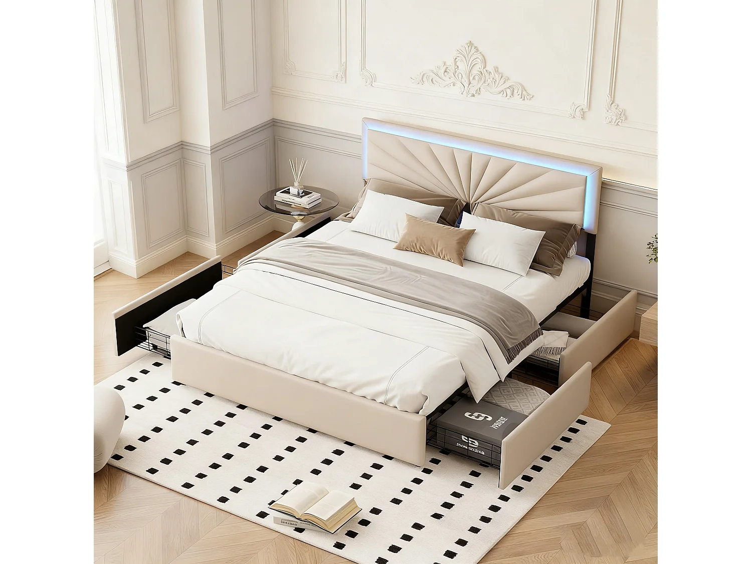 Lit capitonné 140 x 200 cm - avec LED et 4 Tiroirs - Lit double é avec Tête de Lit Réglable en Hauteur - avec Sommier à Lattes - Lin - beige