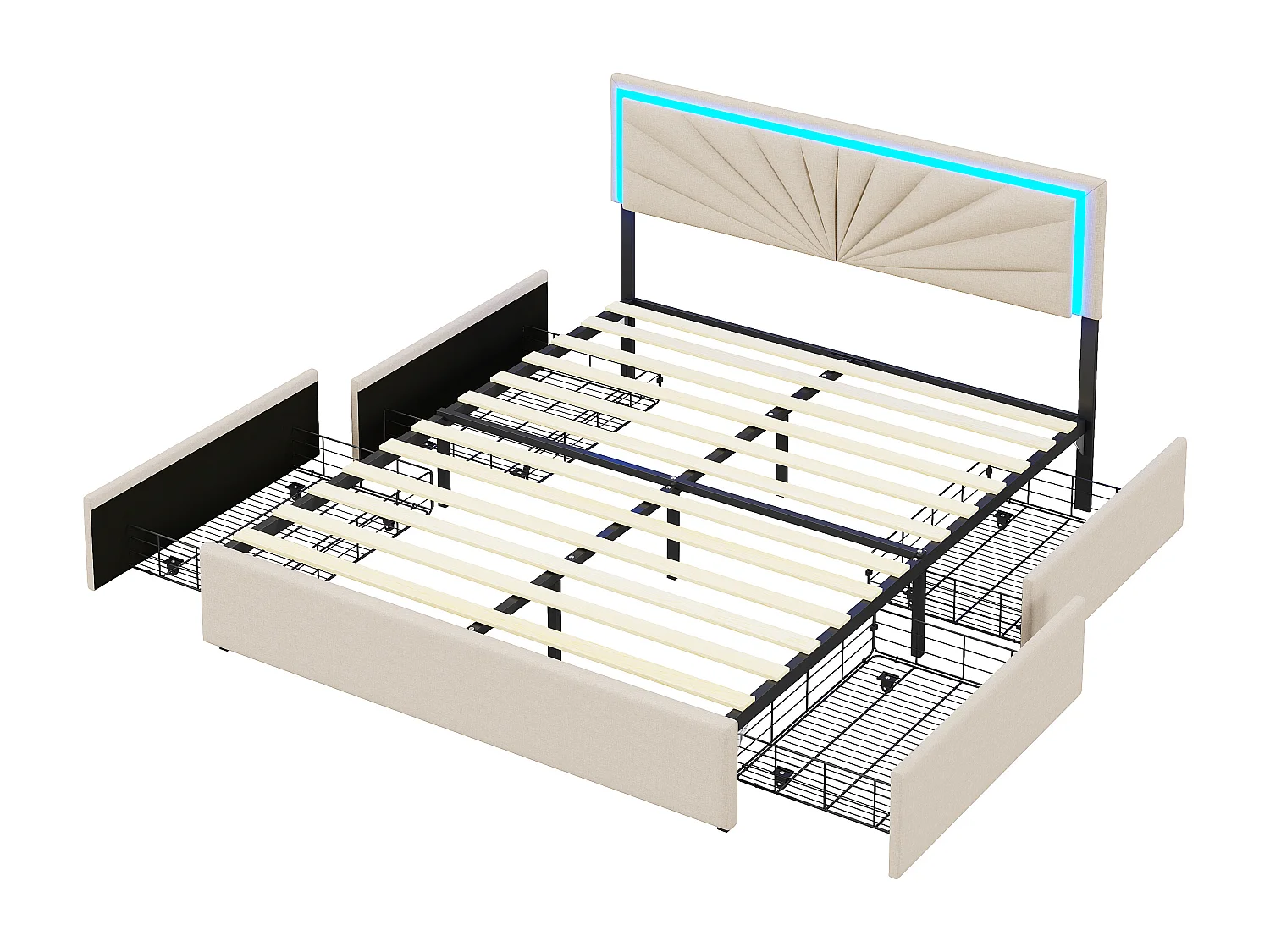 Lit capitonné 140 x 200 cm - avec LED et 4 Tiroirs - Lit double é avec Tête de Lit Réglable en Hauteur - avec Sommier à Lattes - Lin - beige