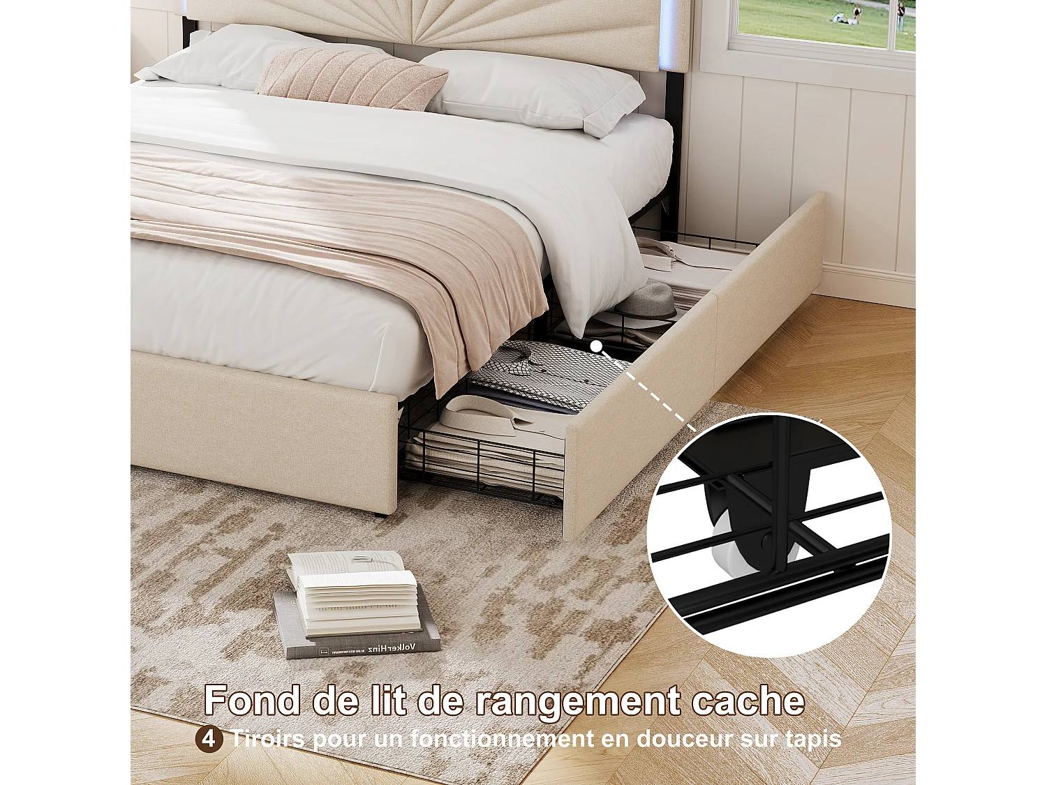 Lit capitonné 140 x 200 cm - avec LED et 4 Tiroirs - Lit double é avec Tête de Lit Réglable en Hauteur - avec Sommier à Lattes - Lin - beige
