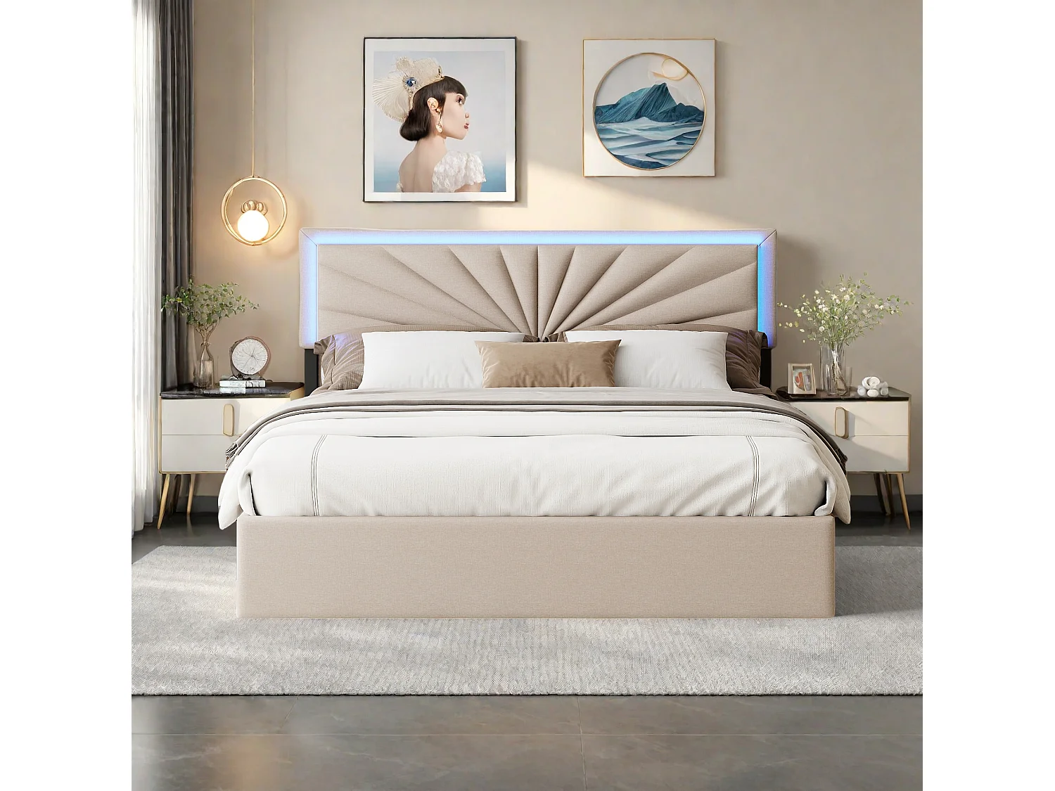 Lit capitonné 140 x 200 cm - avec LED et 4 Tiroirs - Lit double é avec Tête de Lit Réglable en Hauteur - avec Sommier à Lattes - Lin - beige