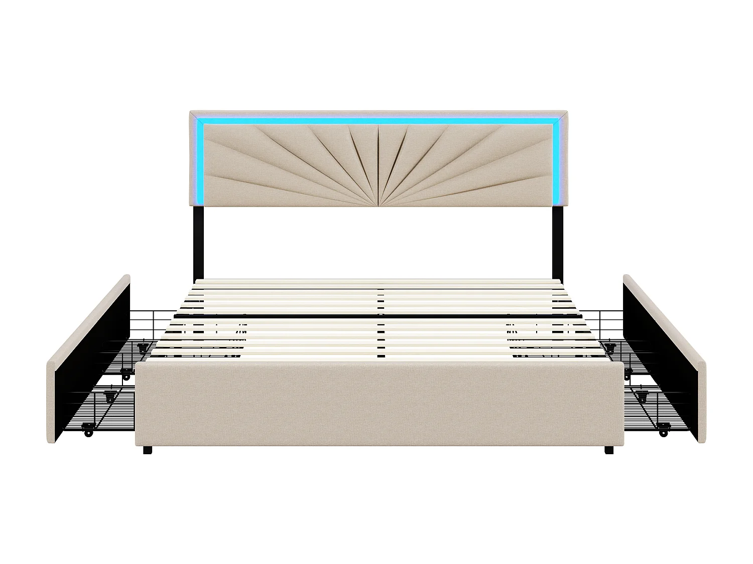 Lit capitonné 140 x 200 cm - avec LED et 4 Tiroirs - Lit double é avec Tête de Lit Réglable en Hauteur - avec Sommier à Lattes - Lin - beige