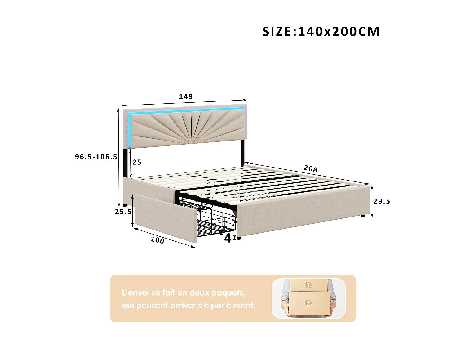 Lit capitonné 140 x 200 cm - avec LED et 4 Tiroirs - Lit double é avec Tête de Lit Réglable en Hauteur - avec Sommier à Lattes - Lin - beige