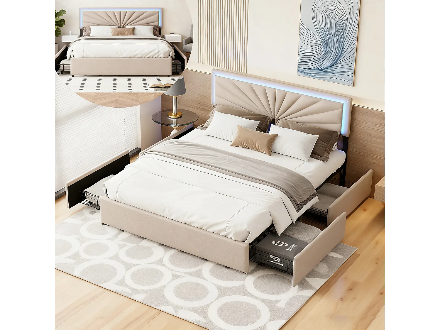 Lit capitonné 140 x 200 cm - avec LED et 4 Tiroirs - Lit double é avec Tête de Lit Réglable en Hauteur - avec Sommier à Lattes - Lin - beige