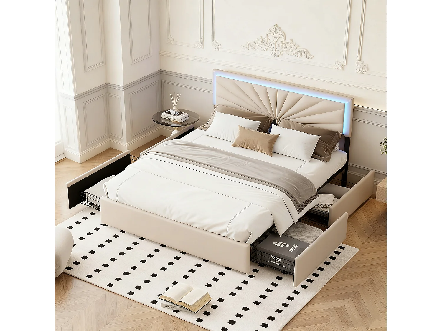 Lit capitonné 140 x 200 cm - avec LED et 4 Tiroirs - Lit double é avec Tête de Lit Réglable en Hauteur - avec Sommier à Lattes - Lin - beige