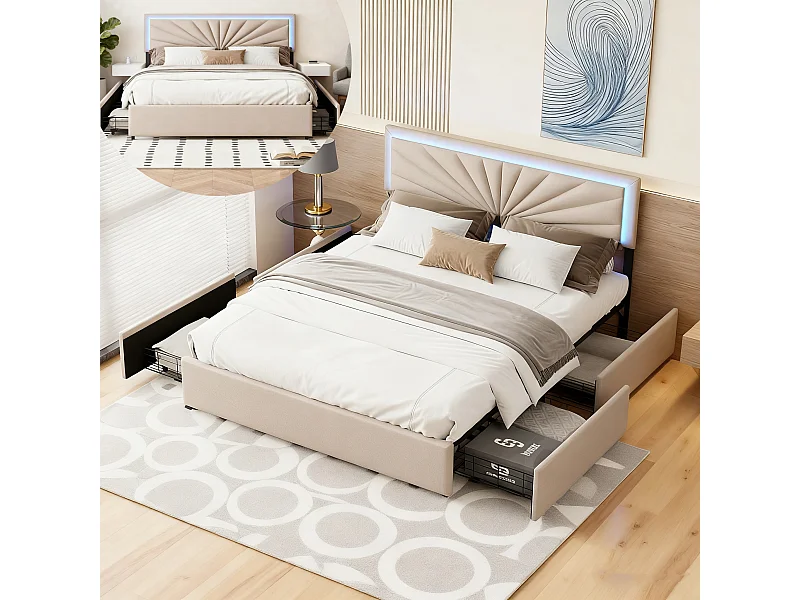 Cama tapizada de 140x200 cm con LED y 4 cajones, cama de matrimonio con cabecero regulable en altura, con somier de láminas, lino, beige