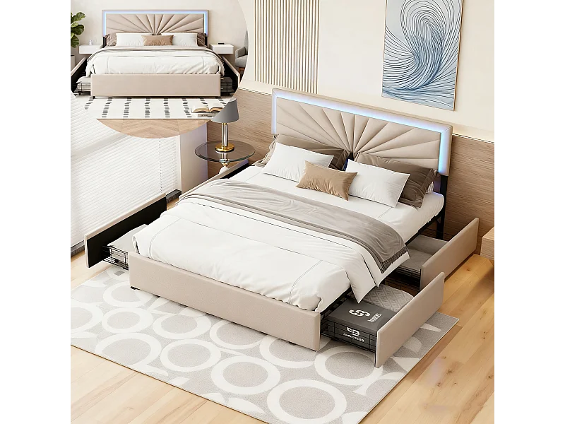 Cama tapizada de 140x200 cm con LED y 4 cajones, cama de matrimonio con cabecero regulable en altura, con somier de láminas, lino, beige