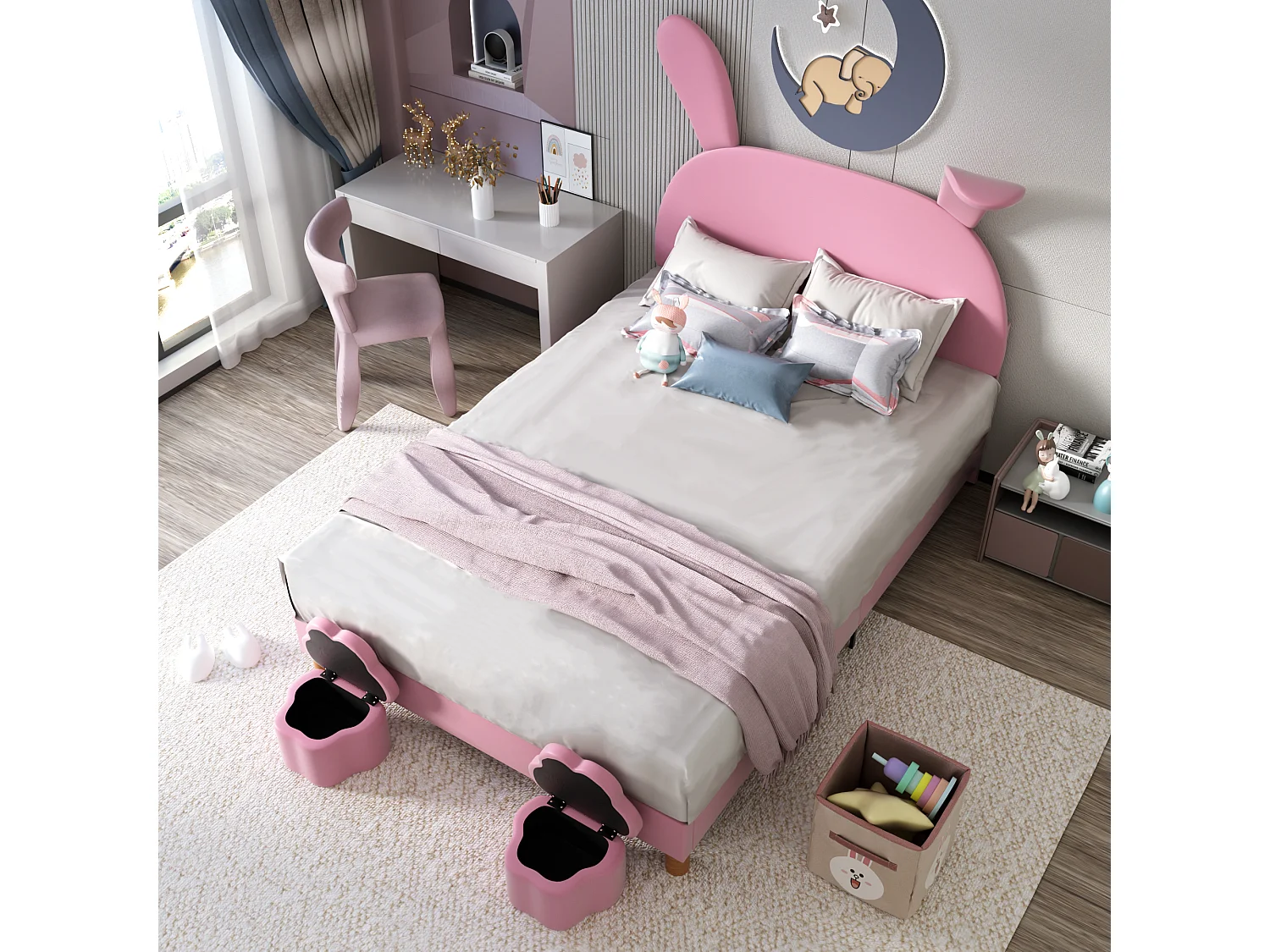 Lit enfant 140 x 200 cm, rangement, LED, tête de lit en forme d'oreilles de lapin, velours rose, sans matelas