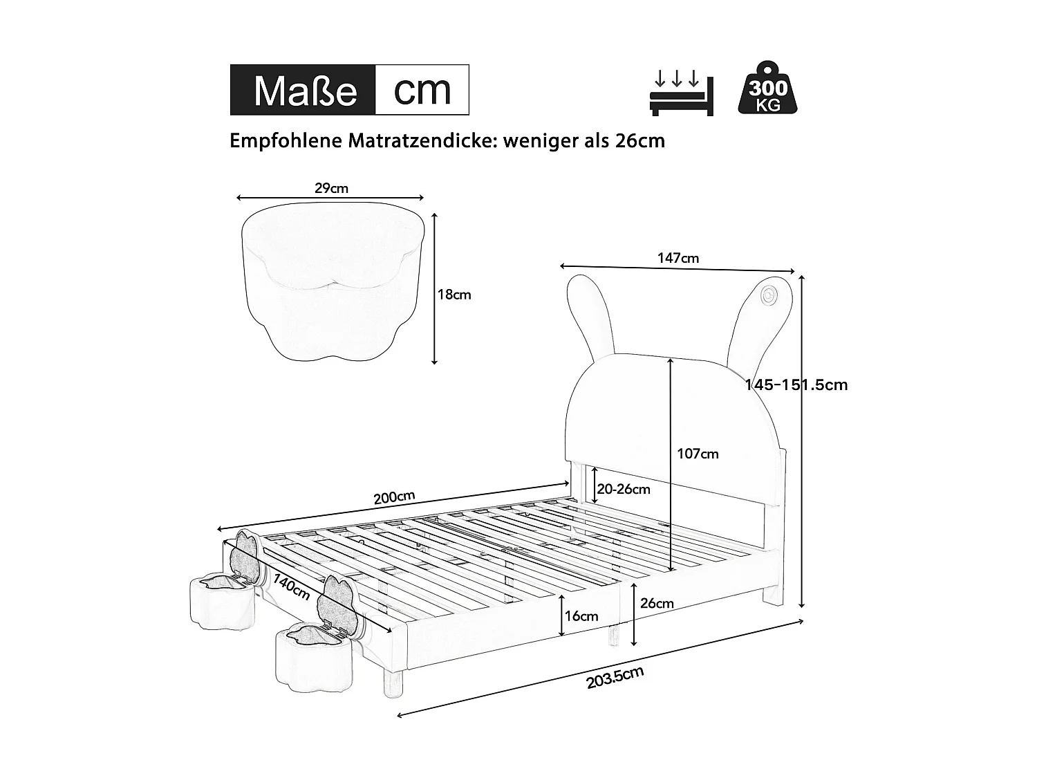 Lit enfant 140 x 200 cm, rangement, LED, tête de lit en forme d'oreilles de lapin, velours rose, sans matelas