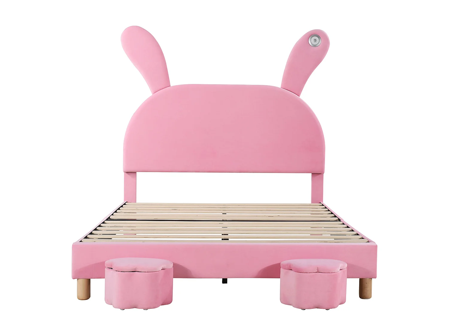 Lit enfant 140 x 200 cm, rangement, LED, tête de lit en forme d'oreilles de lapin, velours rose, sans matelas