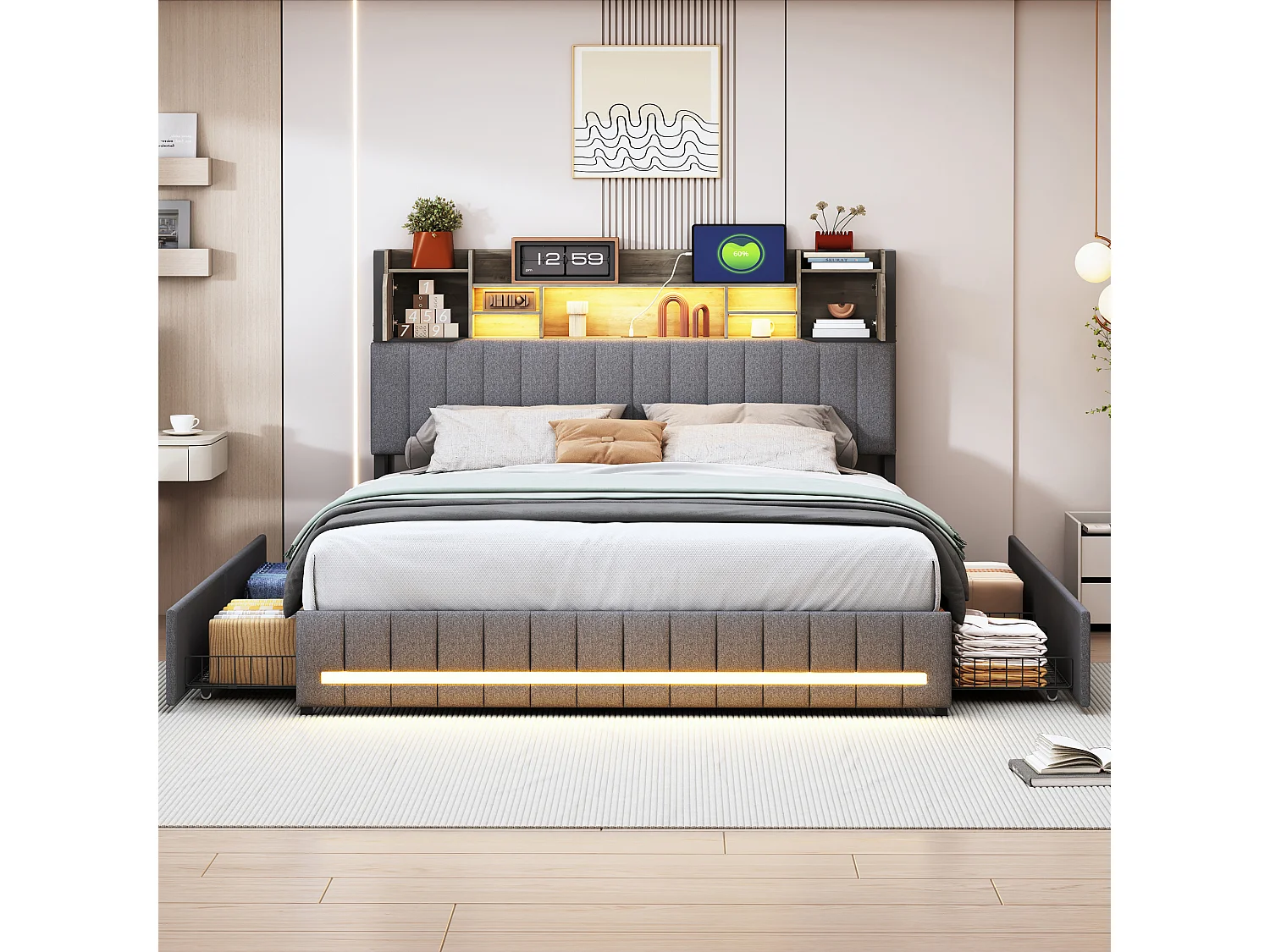 Cama de matrimonio tapizada de 160 x 200 cm, con somier de láminas y 4 cajones, con base LED y USB, cabecero con almacenaje, lino