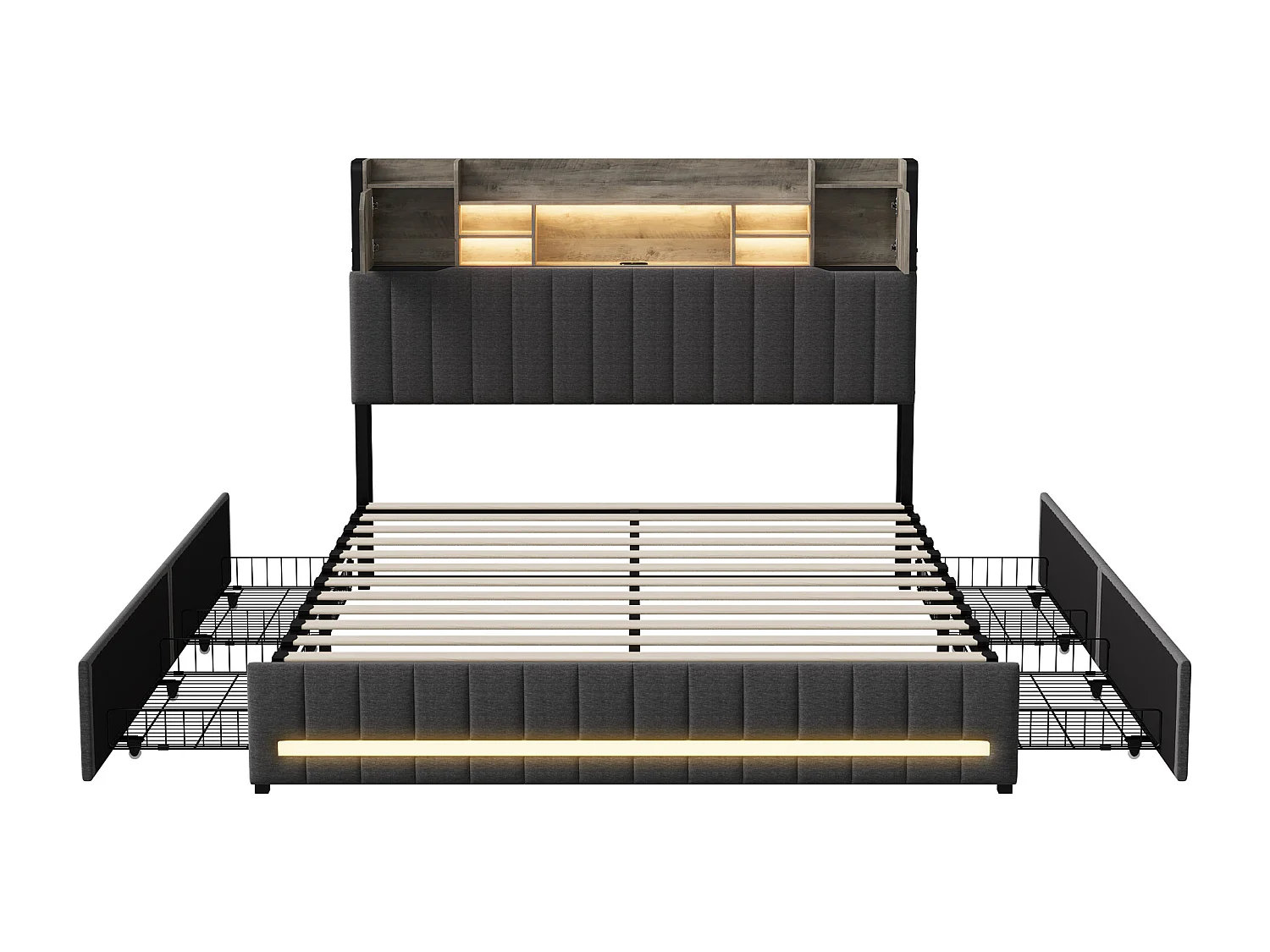 Cama de matrimonio tapizada de 160 x 200 cm, con somier de láminas y 4 cajones, con base LED y USB, cabecero con almacenaje, lino