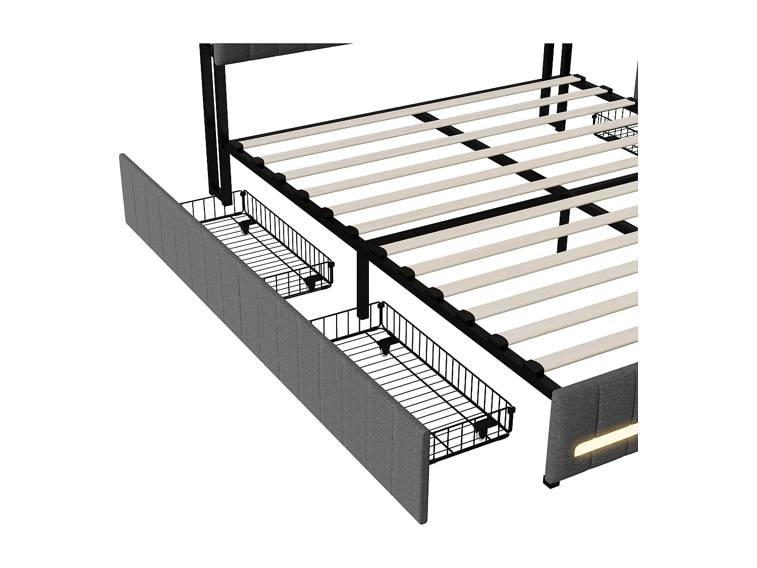 Cama de matrimonio tapizada de 160 x 200 cm, con somier de láminas y 4 cajones, con base LED y USB, cabecero con almacenaje, lino