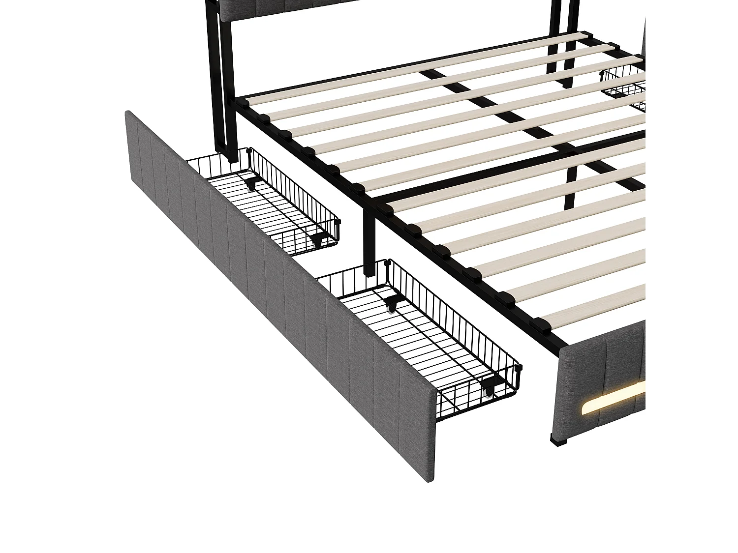 Lit Double rembourré 160 x 200 cm，avec sommier à Lattes et 4 Tiroirs,avec Sommier LED et USB，Tete de Lit avec Rangement,Lin