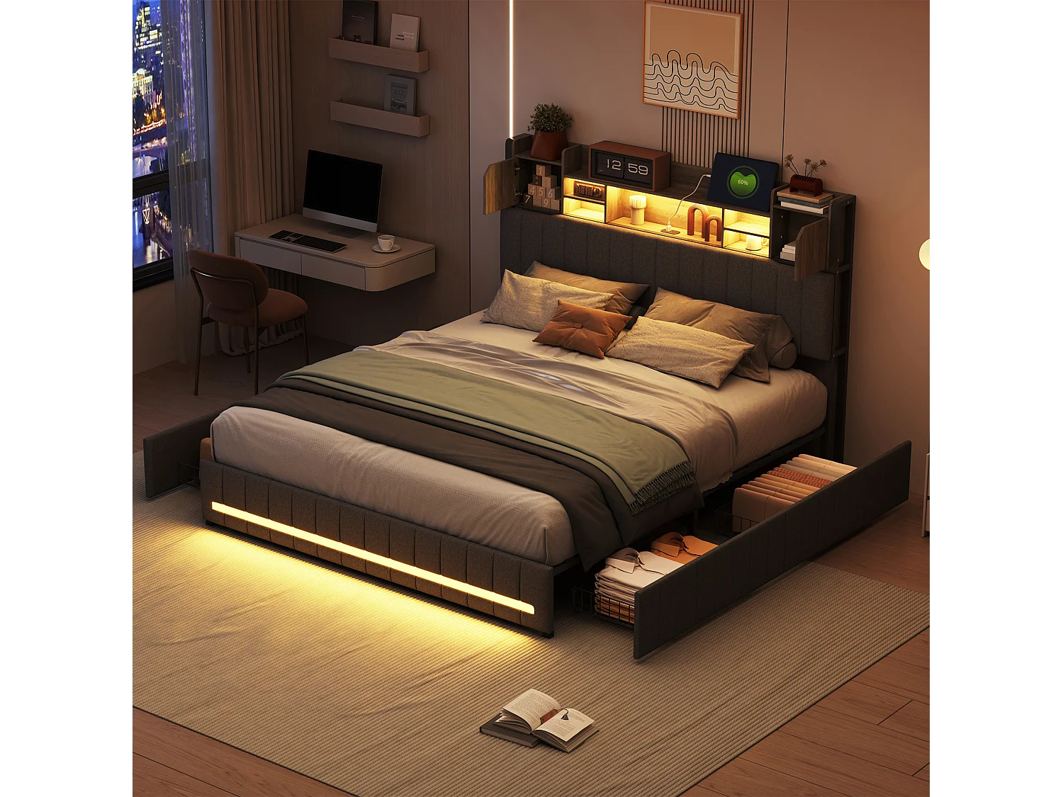 Lit Double rembourré 160 x 200 cm，avec sommier à Lattes et 4 Tiroirs,avec Sommier LED et USB，Tete de Lit avec Rangement,Lin
