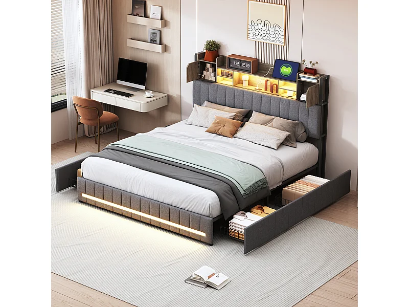 Cama de matrimonio tapizada de 160 x 200 cm, con somier de láminas y 4 cajones, con base LED y USB, cabecero con almacenaje, lino